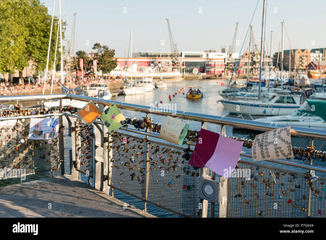 Bristol, UK. 6th July 2018. Pero's Bridge in Bristol has been decorated by locals with birthday cards and messages celebrating the NHS in honour of it's 70th birthday.  Credit Paul Hennell / Alamy Live News Stock Photo