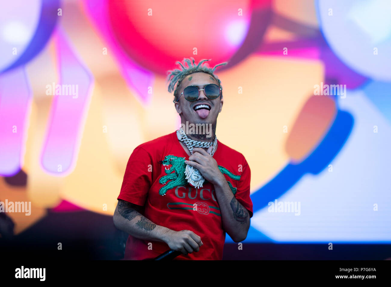 Germany, Graefenhainichen. 6th July, 2018. Rapper Lil performs on the main stage of the 'Splash!' festival. For three days hiphop performances will be held in the industrial environmet with tens of thousands of visitors expected. Credit: Alexander Prautzsch/dpa-Zentralbild/dpa/Alamy Live News Stock Photo