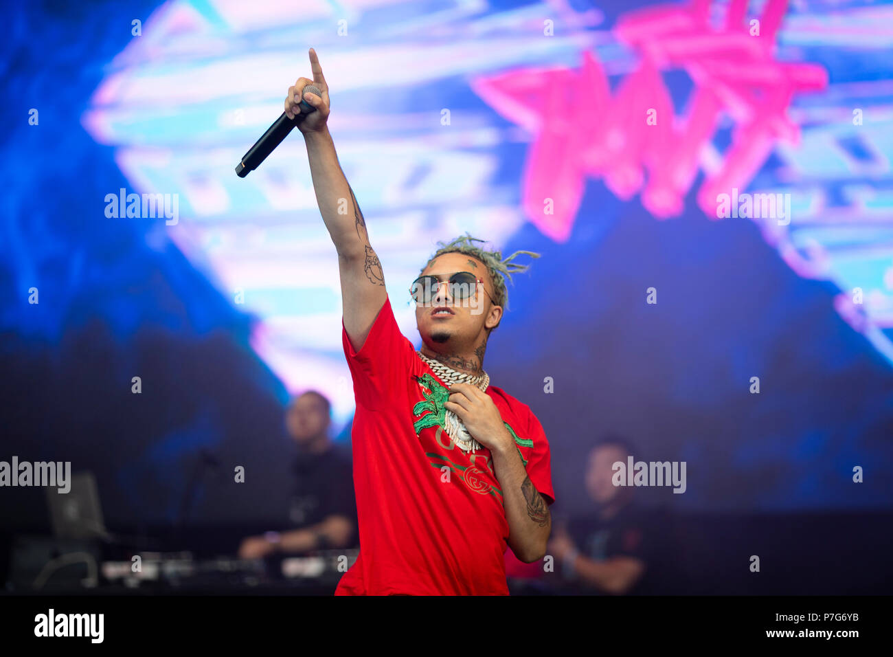 Germany, Graefenhainichen. 6th July, 2018. Rapper Lil performs on the main stage of the 'Splash!' festival. For three days hiphop performances will be held in the industrial environmet with tens of thousands of visitors expected. Credit: Alexander Prautzsch/dpa-Zentralbild/dpa/Alamy Live News Stock Photo