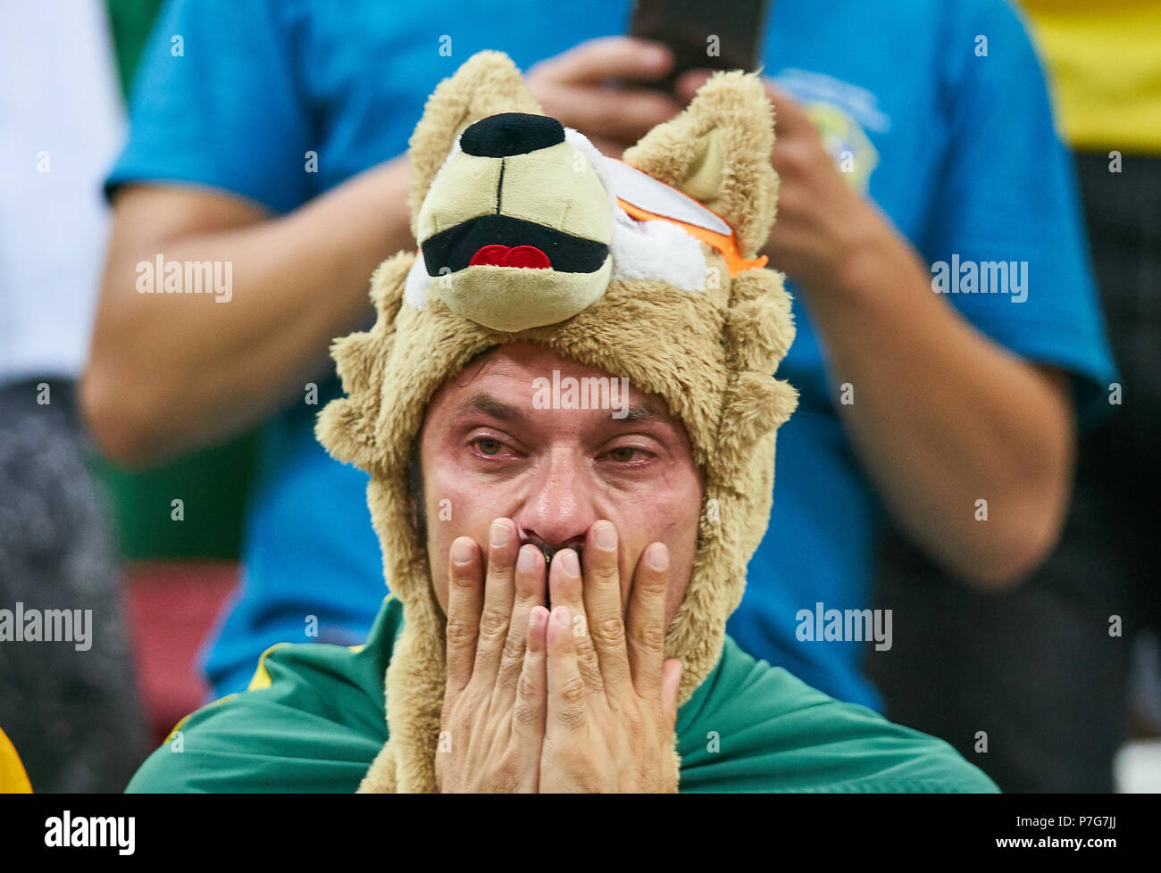 Belgium - Brasil, Soccer, Kazan, July 06, 2018 fans, supporters, spectators, club flags,  celebration. sad, disappointed, angry, Emotions, disappointment, frustration, frustrated, sadness, desperate, despair,  BELGIUM  - BRASIL  FIFA WORLD CUP 2018 RUSSIA, Best of 8, Season 2018/2019,  July 06, 2018 Stadium in Kazan, Russia. © Peter Schatz / Alamy Live News Stock Photo