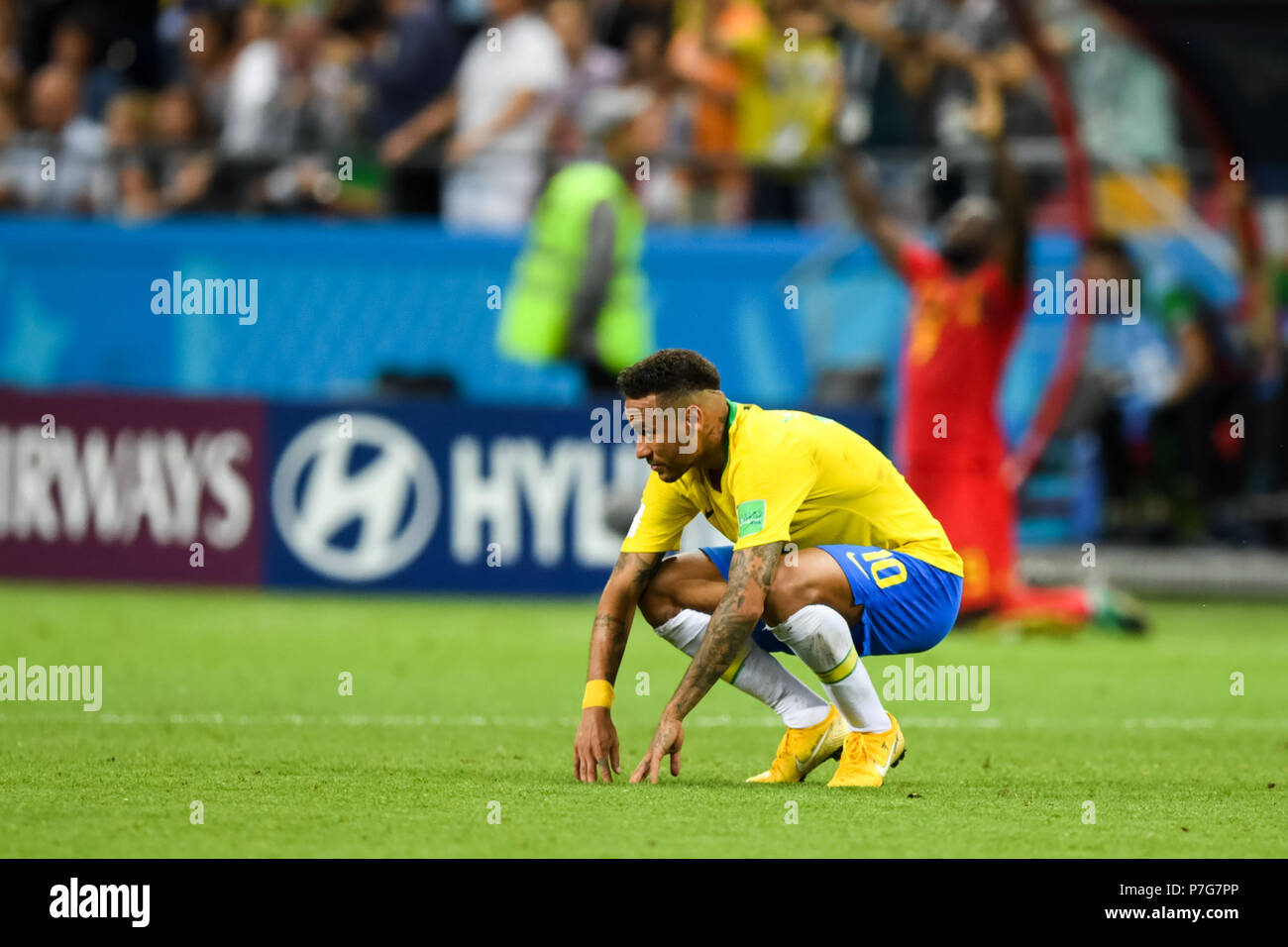 July 06, 2018: Neymar of Brazil after Brazil had lost at Kazan Stadium during the quarter final between Brazil and Belgium during the 2018 World Cup. Ulrik Pedersen/CSM Stock Photo