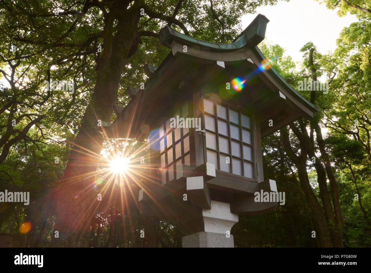 Sun burst behind traditional Japanese lantern near Meji Jingu Temple, Yoyogi Park, Tokyo, Japan. Stock Photo
