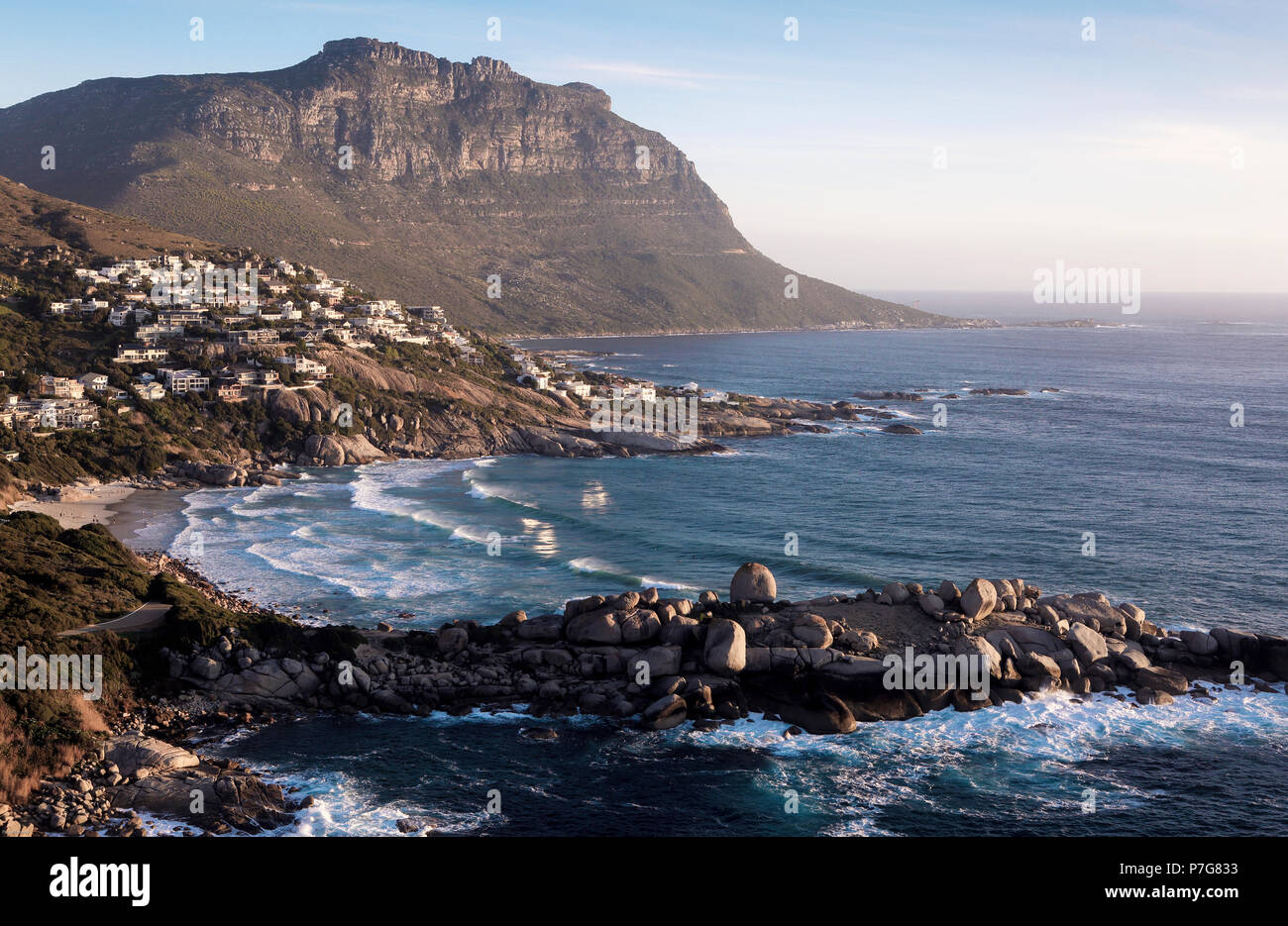 Scenic view of surfing waves breaking at Llandudno on the Cape peninsula, Cape Town, South Africa Stock Photo