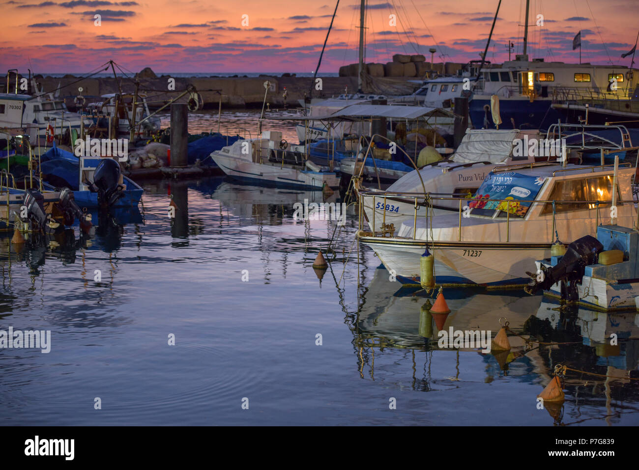 Yachts marina in Old Jaffa after sunset. Israel Stock Photo