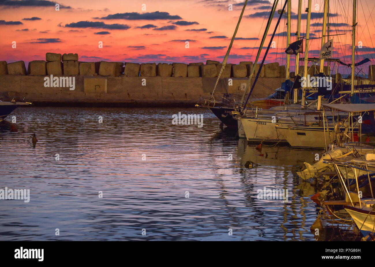 Yachts marina in Old Jaffa after sunset. Israel Stock Photo