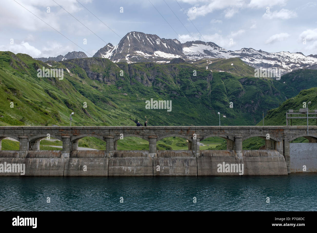 Dam on a lake of Morasco, located in Piedmonte, Italy at 1815m above the sea level. Stock Photo