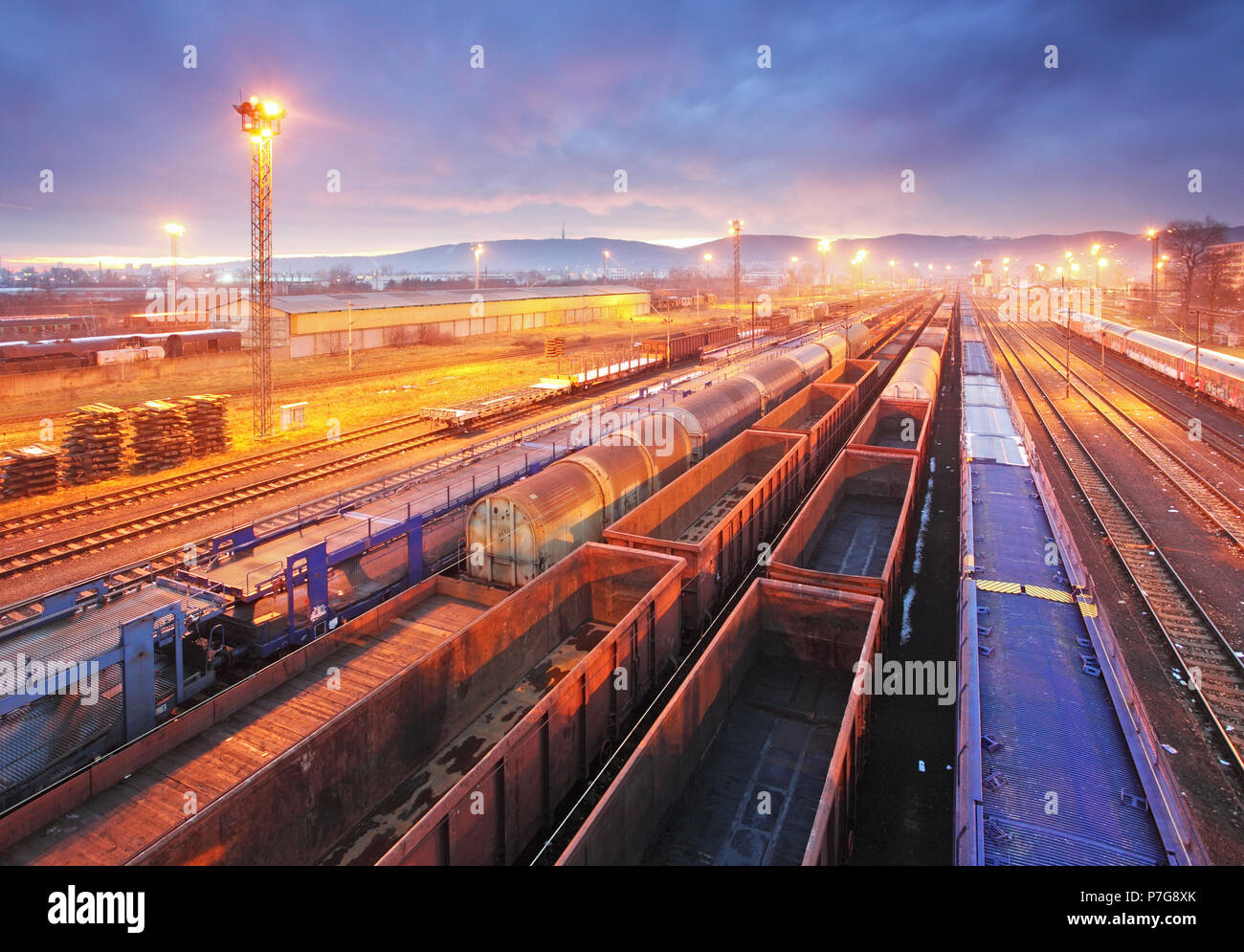 Freight Station with trains - Cargo transportation Stock Photo