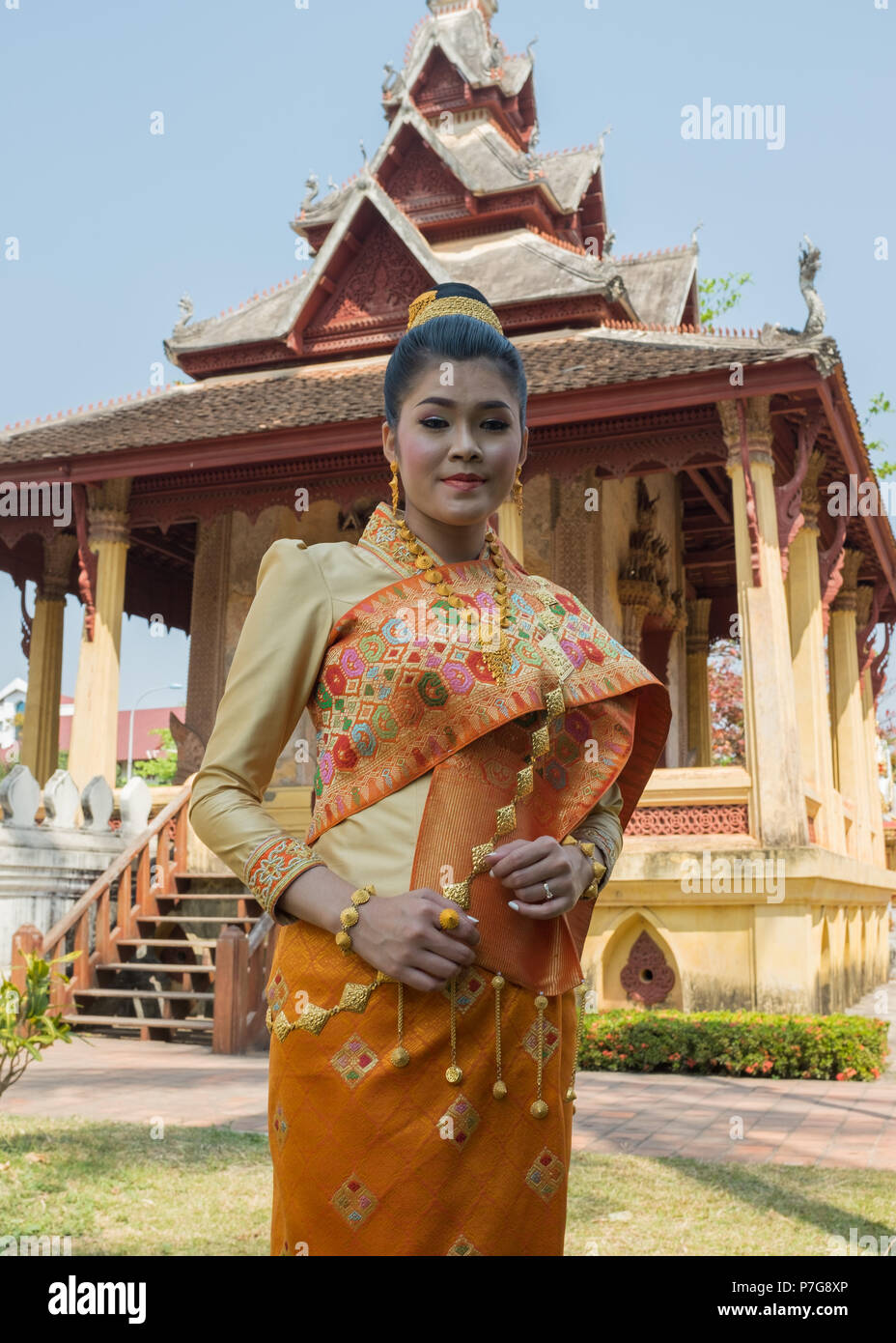 Bride  posing in front of Wat Si Saket, Vientiane, Laos, Asia. Stock Photo