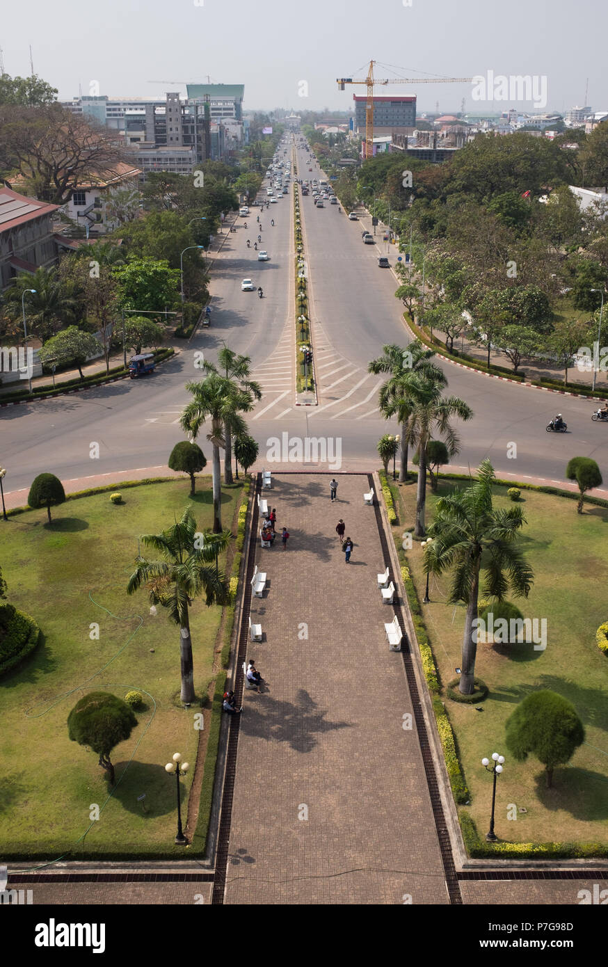 Elevated view of Avenue Lane Xang from Patuxai, Vientiane, Laos, Asia. Stock Photo