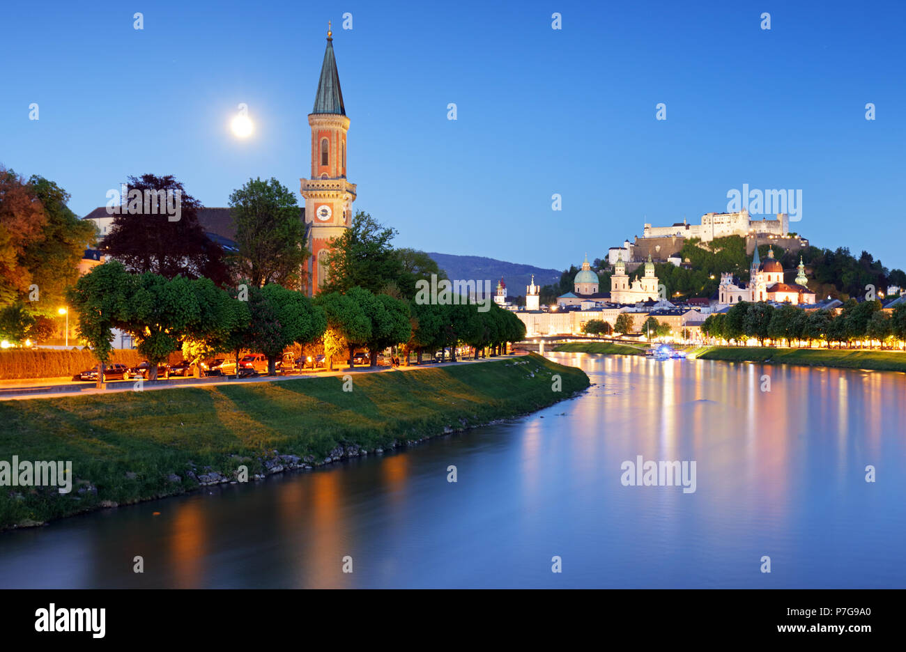 Historic city of Salzburg with Hohensalzburg Fortress at dusk, Salzburger Land, Austria Stock Photo