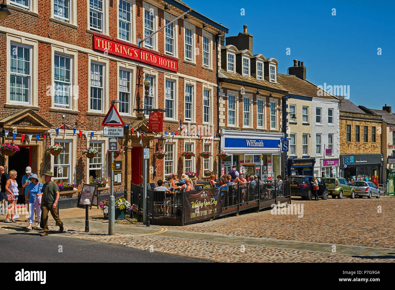 Ornate buildings line the market square in the centre of the North Yorkshire market town of Richmond. Stock Photo