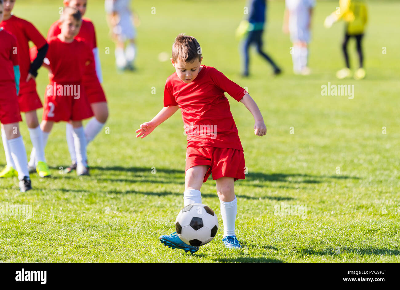 Kids soccer football young children players match on soccer field