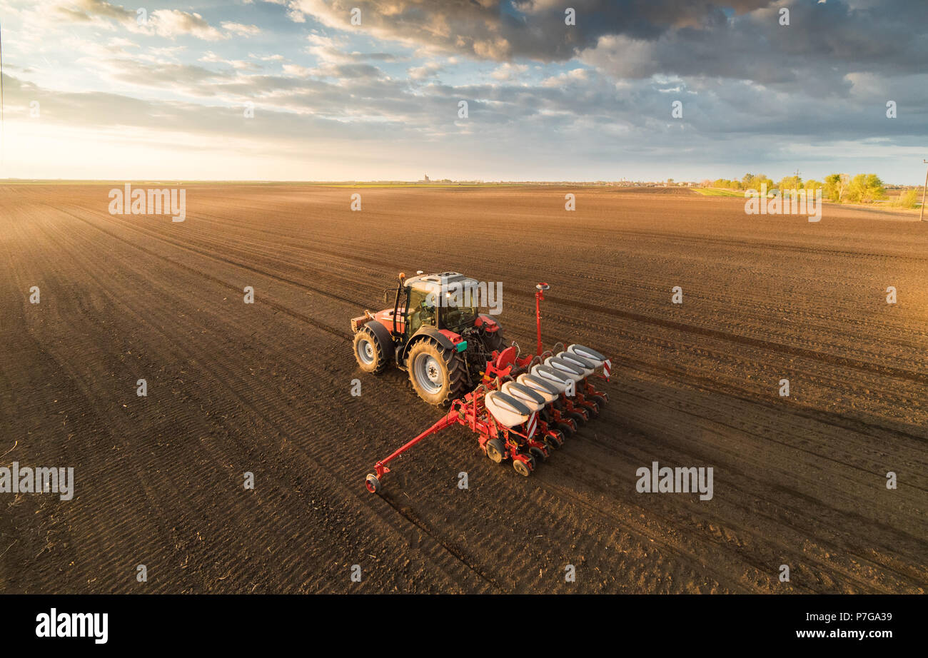 Farmer with tractor seeding - sowing crops at agricultural fields in ...