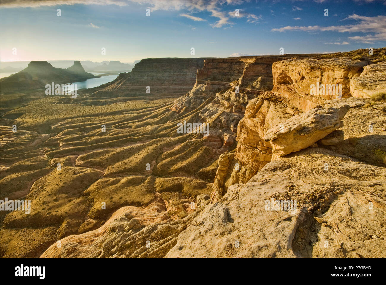 Gunsight Butte in distance at Lake Powell, sunrise, view from Romana