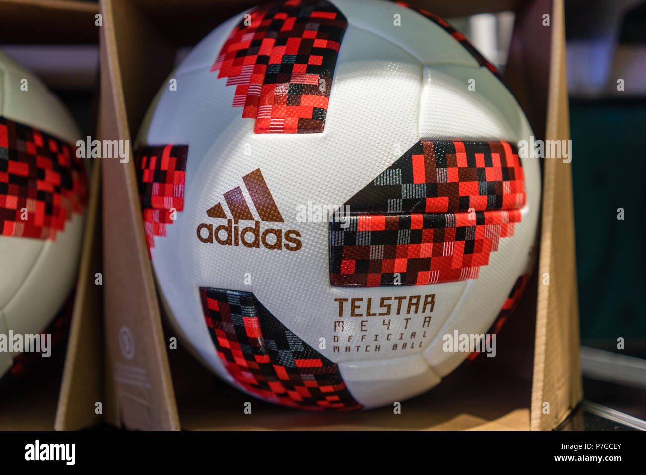 2 July 2018 Moscow, Russia The official ball for the FIFA World Cup 2018  football playoff games Adidas Telstar Mechta Stock Photo - Alamy