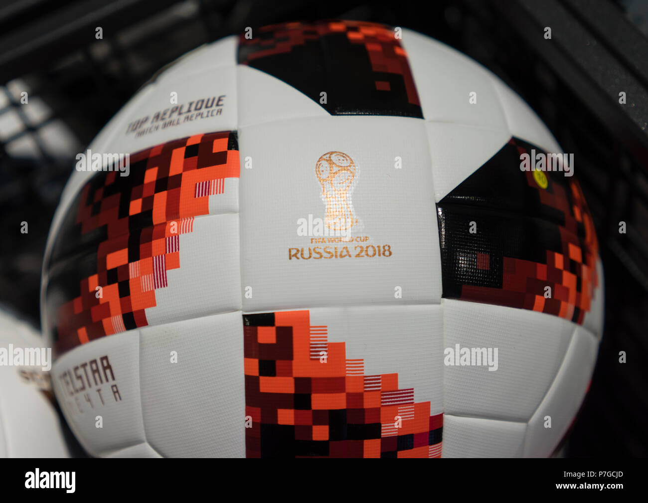 2 July 2018 Moscow, The official ball for the FIFA World Cup 2018 football playoff games Adidas Telstar Mechta Stock Photo -