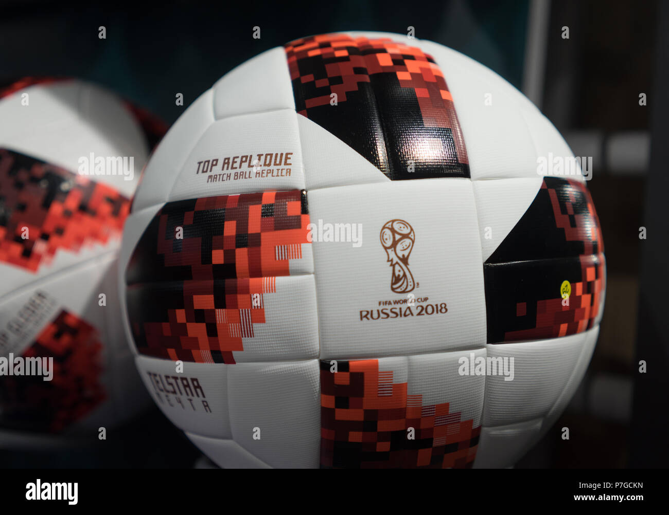 2 July 2018 Moscow, Russia The official ball for the FIFA World Cup 2018  football playoff games Adidas Telstar Mechta Stock Photo - Alamy