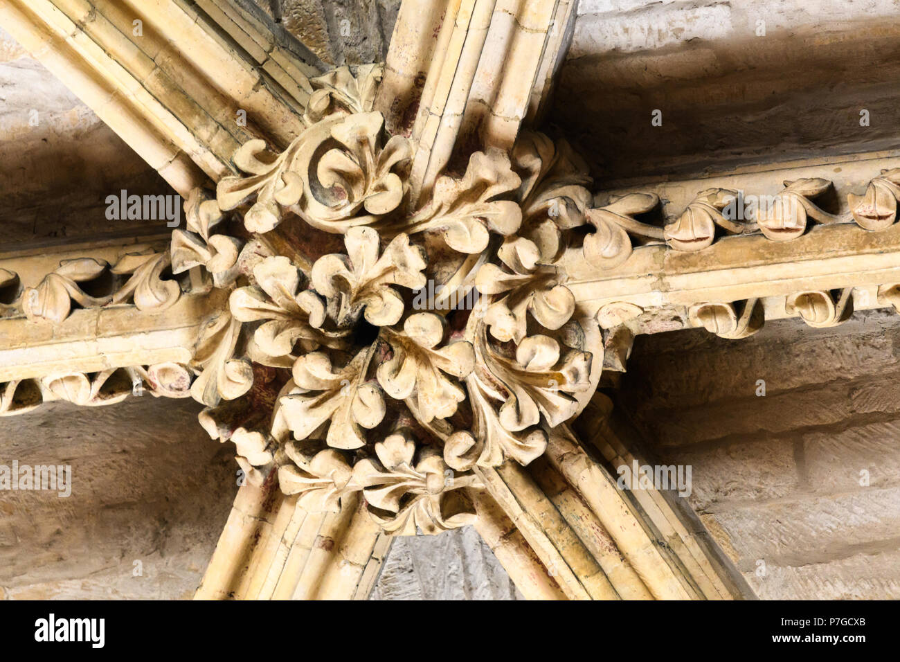 Stone roof boss on the ceiling at the medieval cathedral, Lincoln