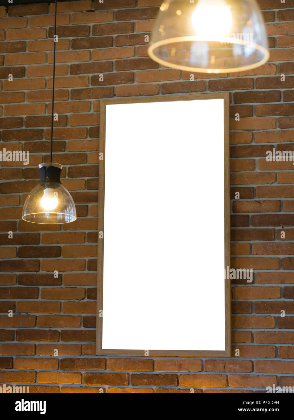 Download Blank Photo Frame Mockup Template On Block Wall And Two Light Bulb Stock Photo Alamy