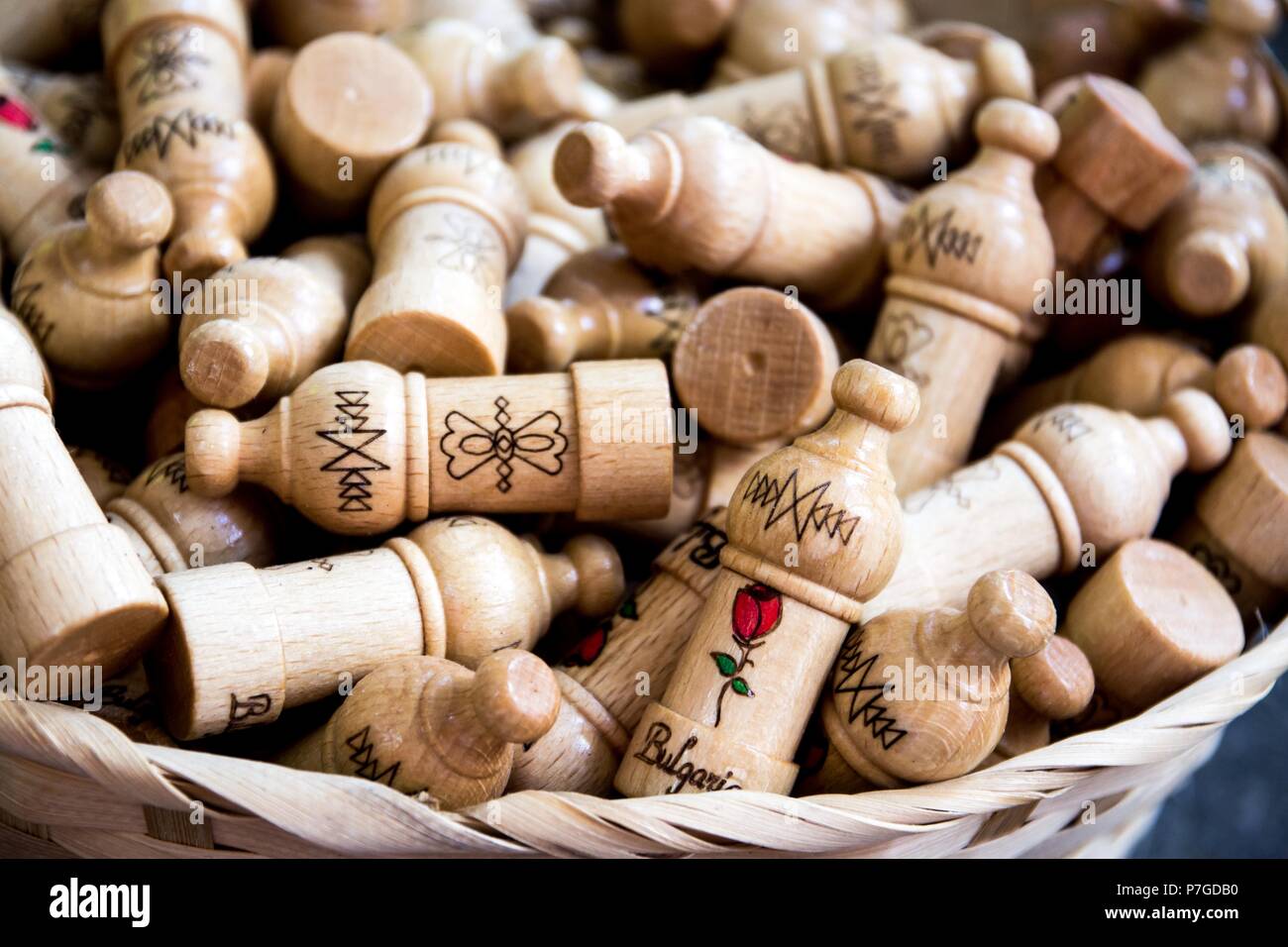 gift from Bulgaria - wooden souvenir with rose oil or rose duft inside Stock Photo