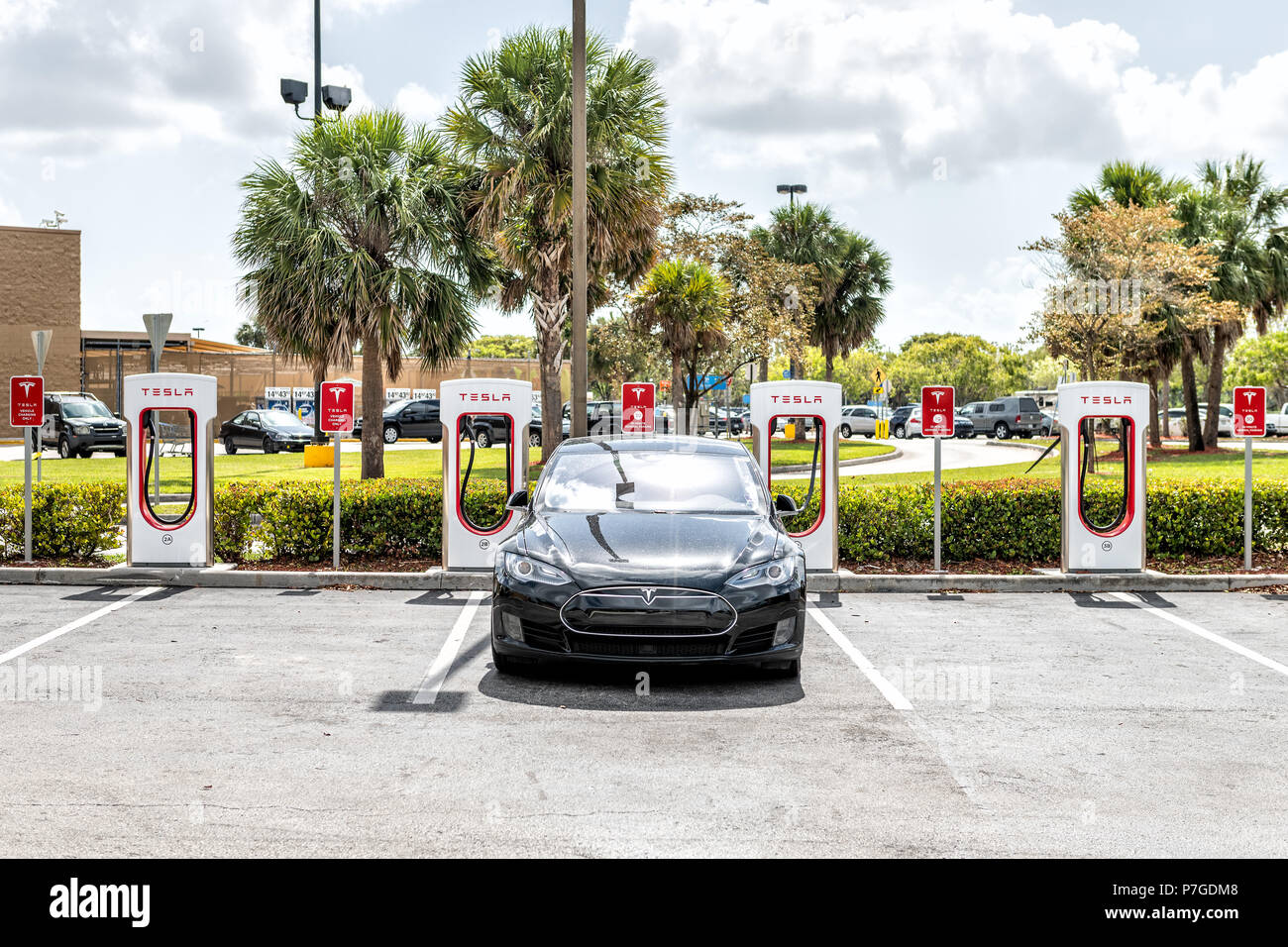 Homestead, USA May 2, 2018 Closeup of Tesla Super Charging station