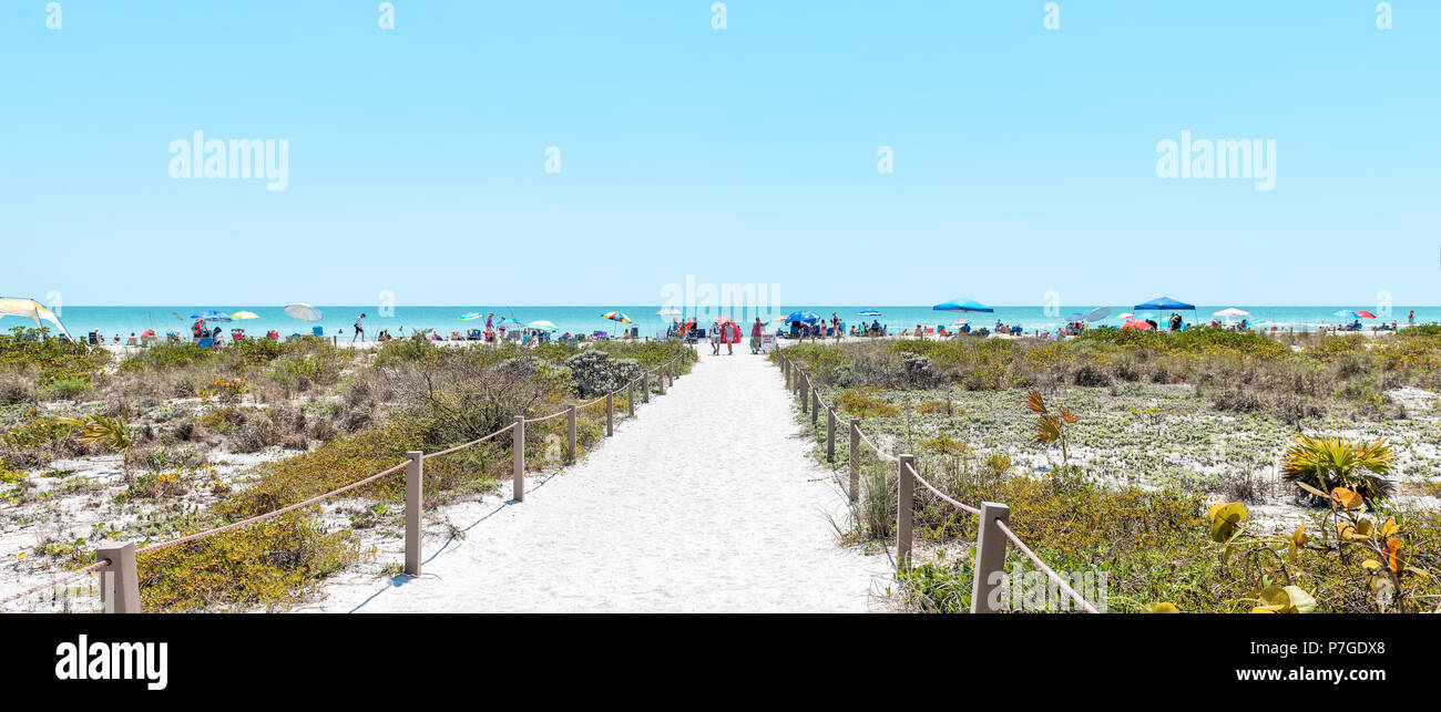 Panorama of Bowman's beach at Sanibel Island with sandy trail, path