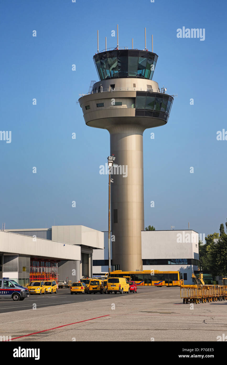 Airport traffic control tower at Salzburg Airport Stock Photo