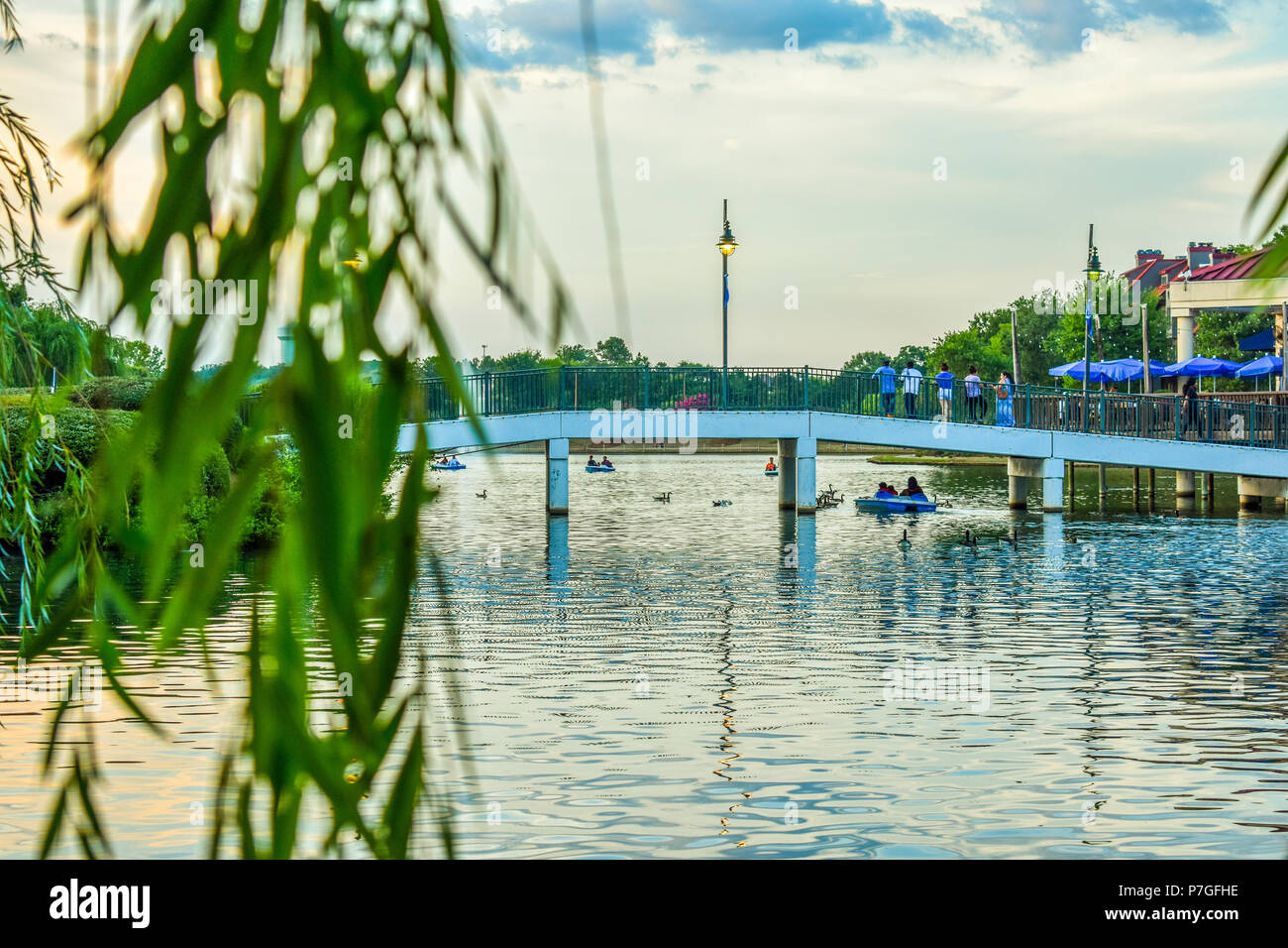 White bridge over large pond with paddle boats and ducks; The Shoppes