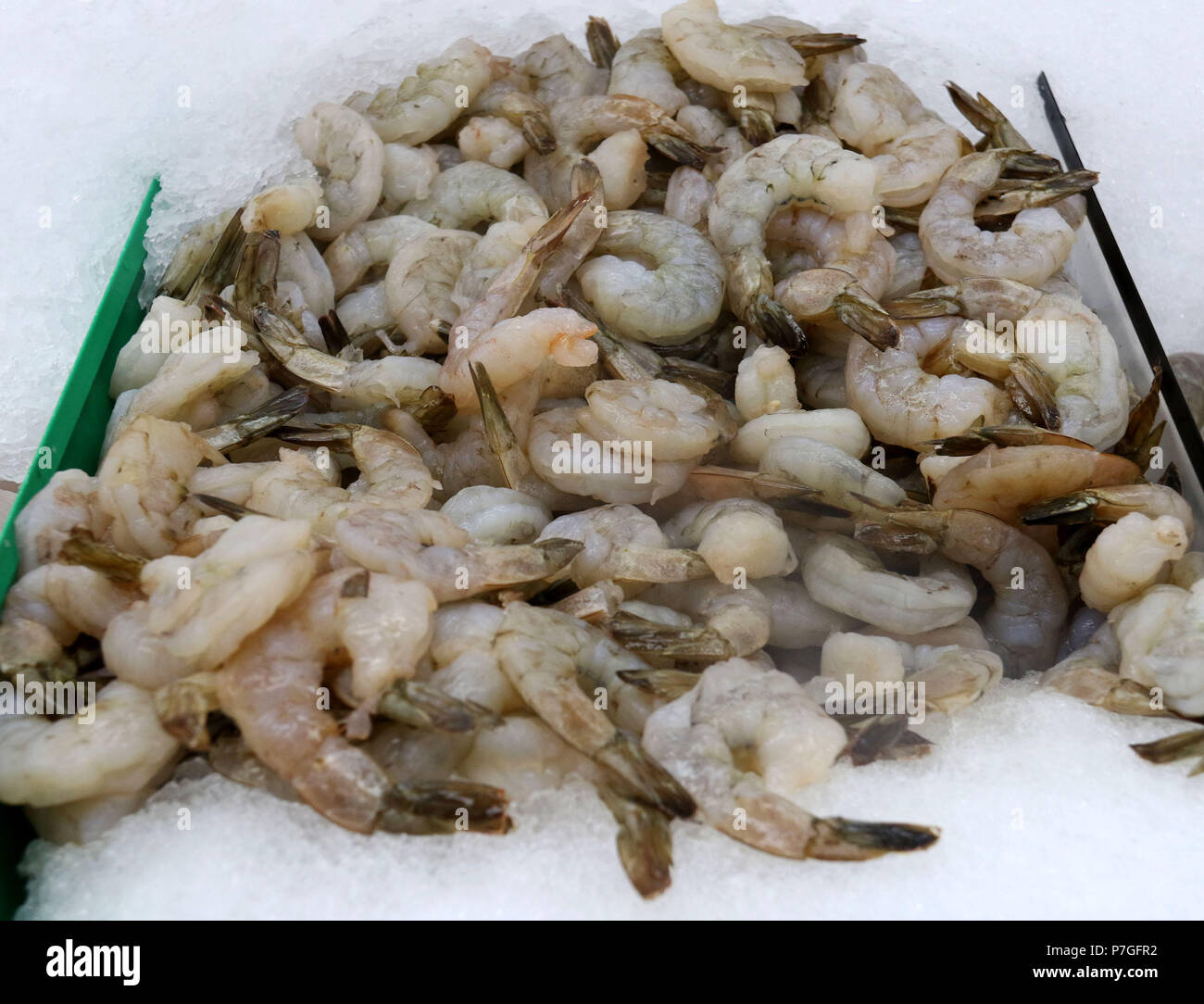 Raw farmed shrimp on ice at seafood market Stock Photo