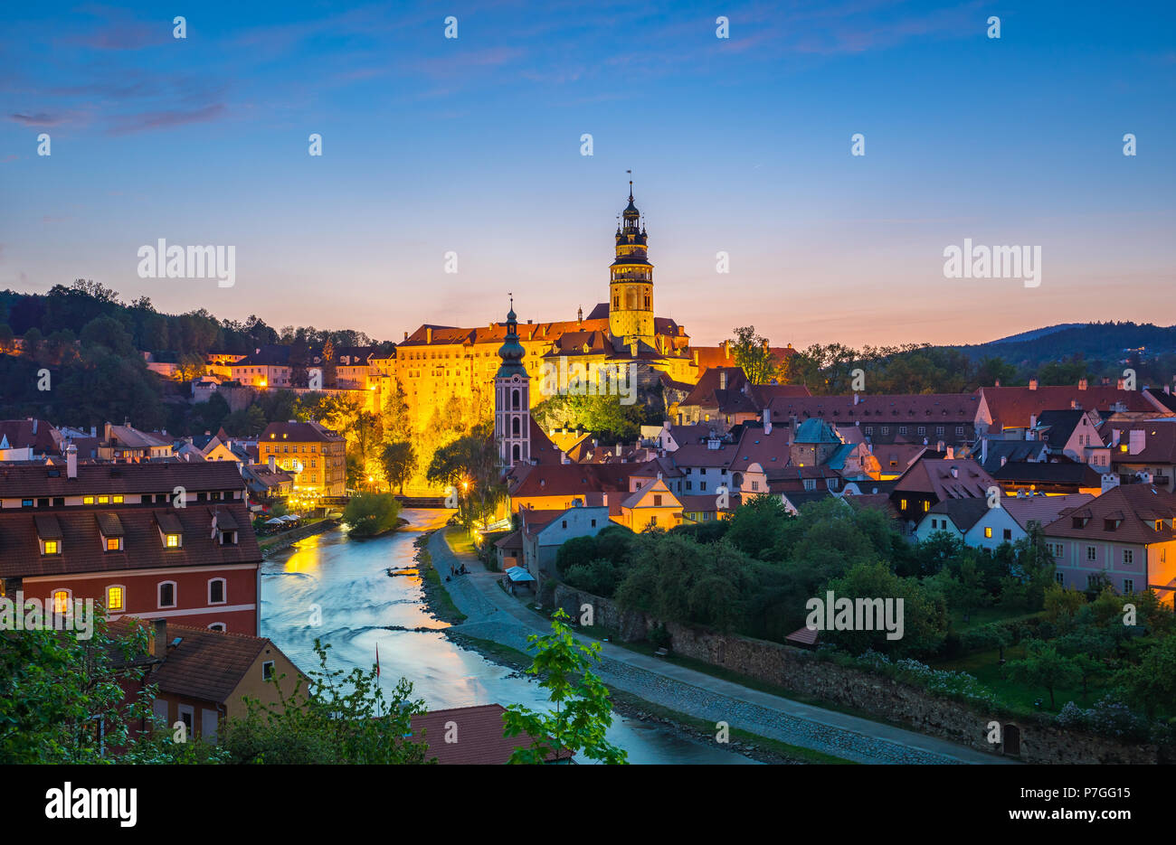 Night view of Cesky Krumlov old town in Czech Republic. Stock Photo