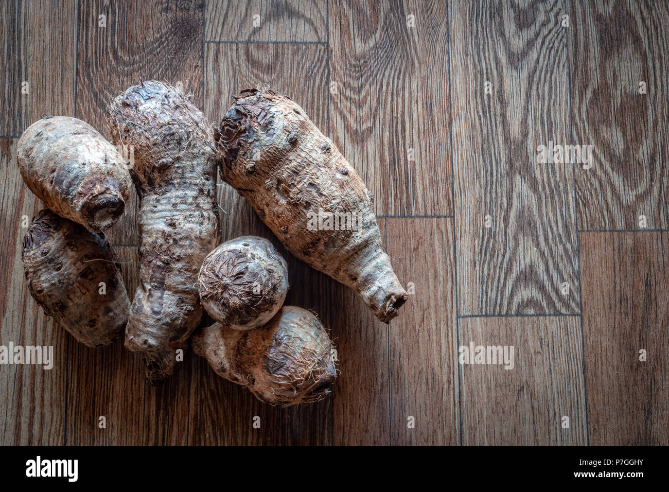 Taro root vegetable known as Dasheen in Jamaica, freshly harvested from the soil, isolated on background, copy space text Stock Photo
