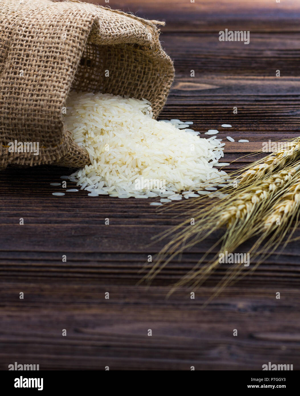White rice in sack and ear of paddy on wooden table. Stock Photo
