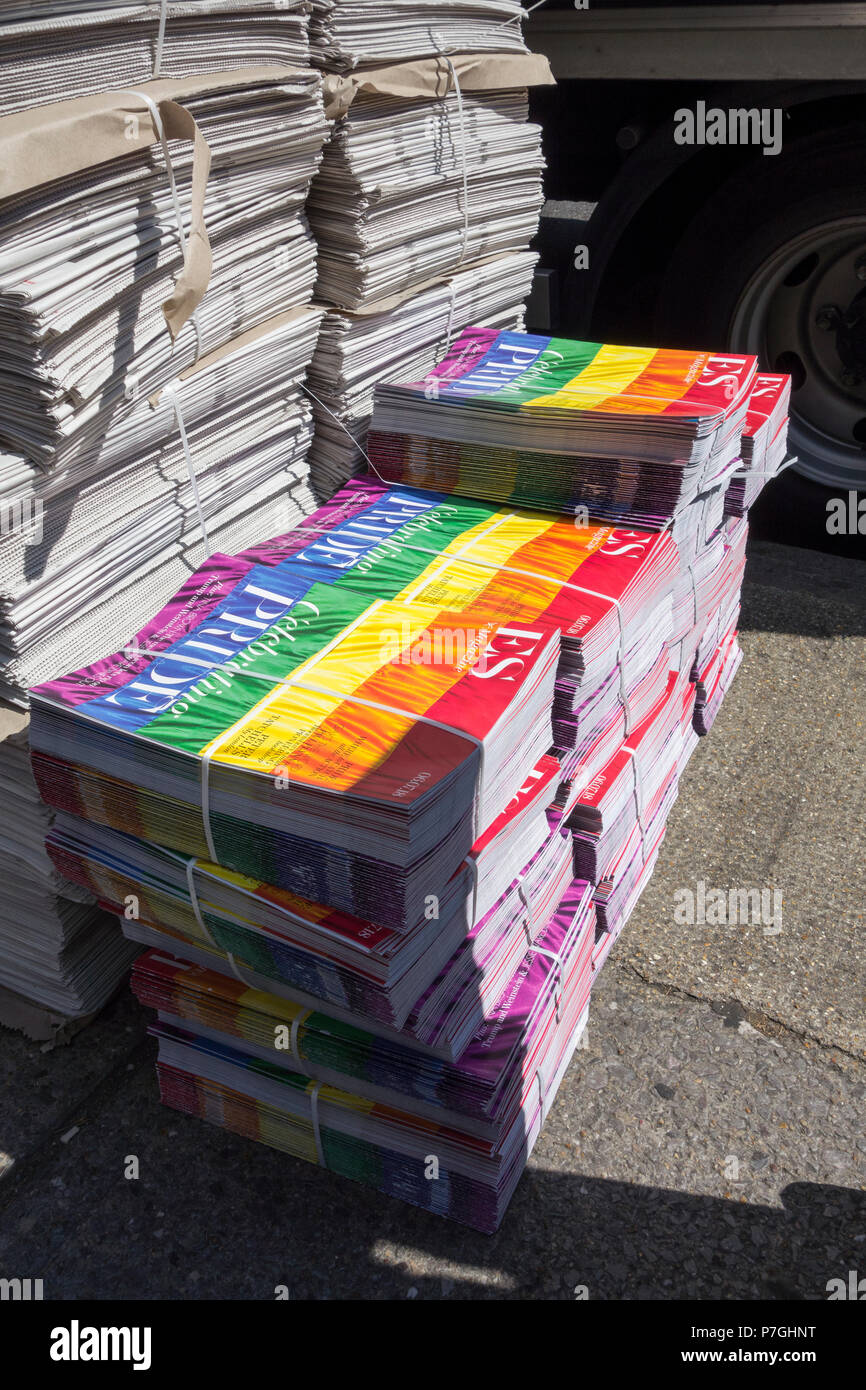 Free rainbow coloured Pride ES Magazine supplements from Alexander Lebedev's London Evening Standard Stock Photo