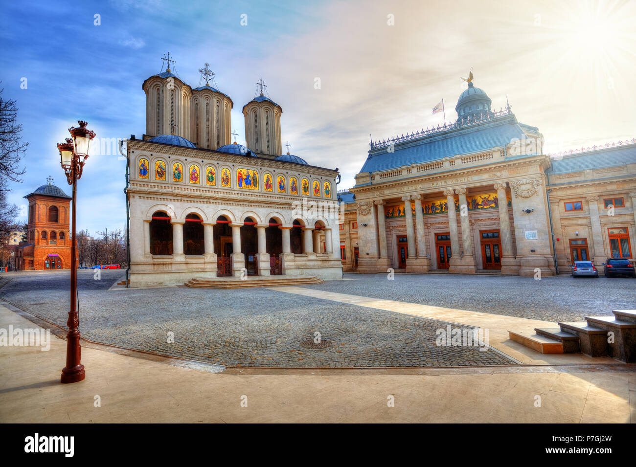 Famous religious Patriarchal church of Bucharest, spiritual edifice of Christian Orthodox comunity considered as the most beautiful cathedral of Roman Stock Photo