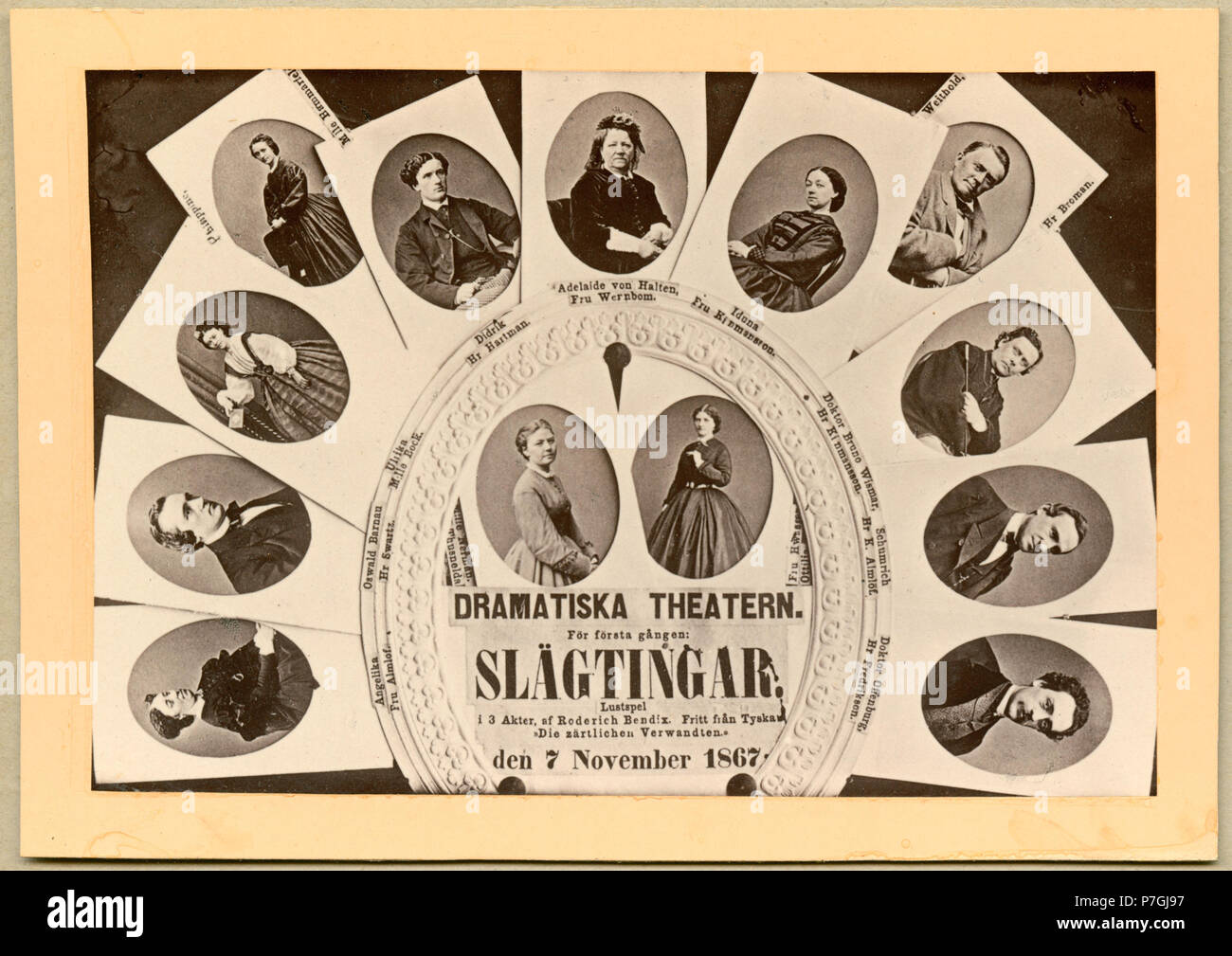 Rollporträtt av skådespelarna i Släktingar, Dramatiska teatern 1867. Betty Almlöf som Angelika, Edvard Swartz som Oswald Barnau, Bertha Bock som Ulrika, Mary Hammarfeldt som Philippine, Victor Hartman som Didrik, fru Wernbom som Adelaide von Halten, Helfrid Kinmansson som Iduna, Robert Gustaf Broman som Weithold, Lars Gustaf Kinmansson som Doktor Bruno Wismar, Knut Almlöf som Schumrich, Gustaf Fredrikson som Doktor Offenburg, Amanda Nerman som Thusnelda & Elise Hwasser som Ottilia 348 Släktingar, Dramatiska teatern 1867. Rollporträtt - SMV - H9 145 Stock Photo