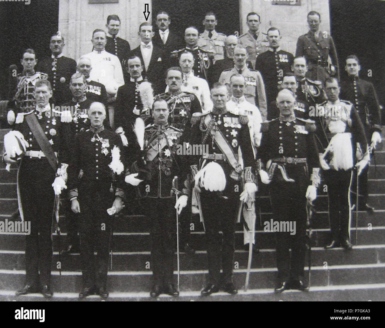 English: Photograph showing the members of the delegation sent to represent the British government at the coronation of Haile Selassie as emperor of Ethiopia in 1930. The delegates are standing on the steps of the British Legation in Addis Ababa. Front row, from left to right: Sir H. Kittermaster, Governor of Somaliland; Sir S. Barton, Minister (ambassador) to Addis Abeba; the Duke of Gloucester, Head of the delegation; Sir J. Maffey, Governor-General of the Sudan; Admiral Fullerton, East Indies Station, Royal Navy. Standing behind Kittermaster and Barton is the Resident of Aden, Sir Stewart S Stock Photo