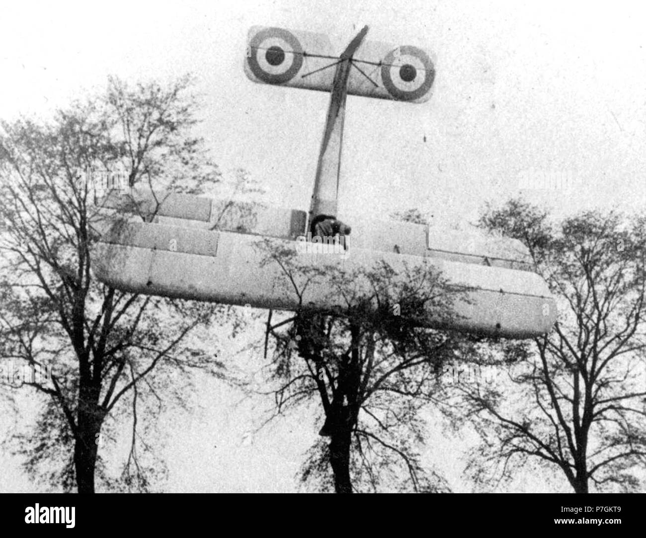 English: Botched emergency landing by a French pilot in friendly territory after a failed attempt to attack a German Zeppelin hangar in Haren, Belgium, in 1915. Soldiers are climbing up the tree where the biplane has landed. Nationaal Archief . 3 May 2014 275 Mislukte noodlanding, 1915 Stock Photo