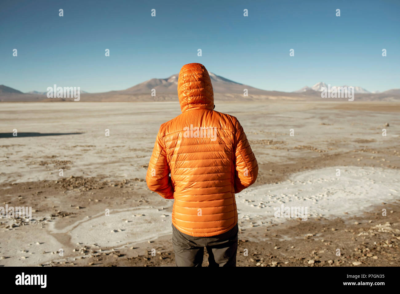 Rear view of man in orange jacket at Volcan Iruputuncu. Salar de Chiguana, Uyuni national parks, Bolivia. Outdoor lifestyle, wanderlust. Jun 2018 Stock Photo