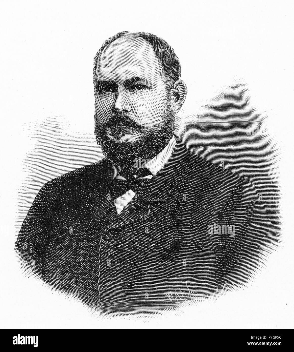 Engraving of John Forrest, 1st Baron Forrest of Bunbury GCMG (1847 – 1918) was an Australian explorer, and the first Premier of Western Australia. From the Picturesque Atlas of Australasia Vol 2, 1886 Stock Photo