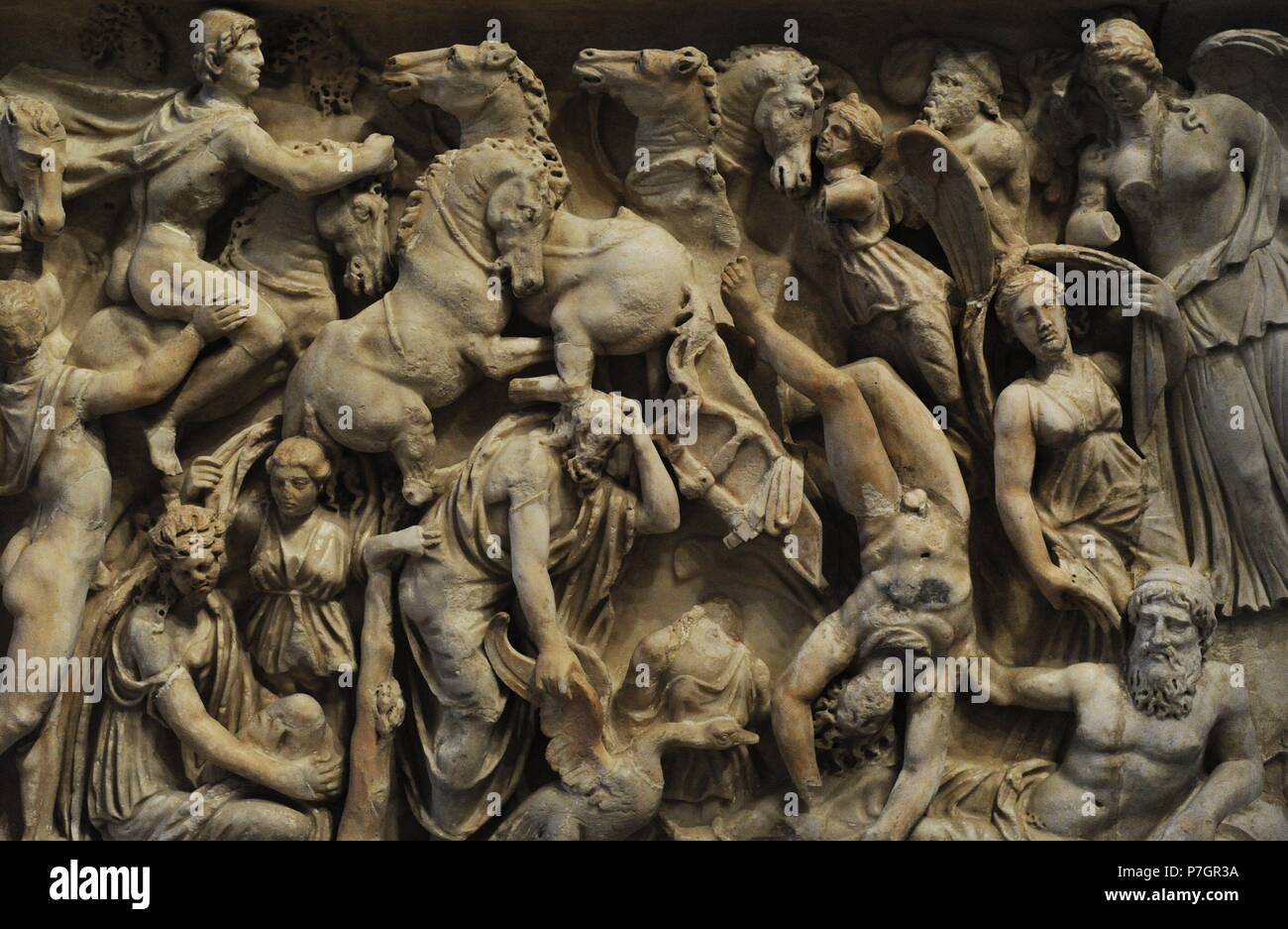 Roman art. Sarcophagus panel depicting the Fall of Phaeton.  2nd century AD. Marble. The State Hermitage Museum. Saint Petersburg. Russia. Stock Photo