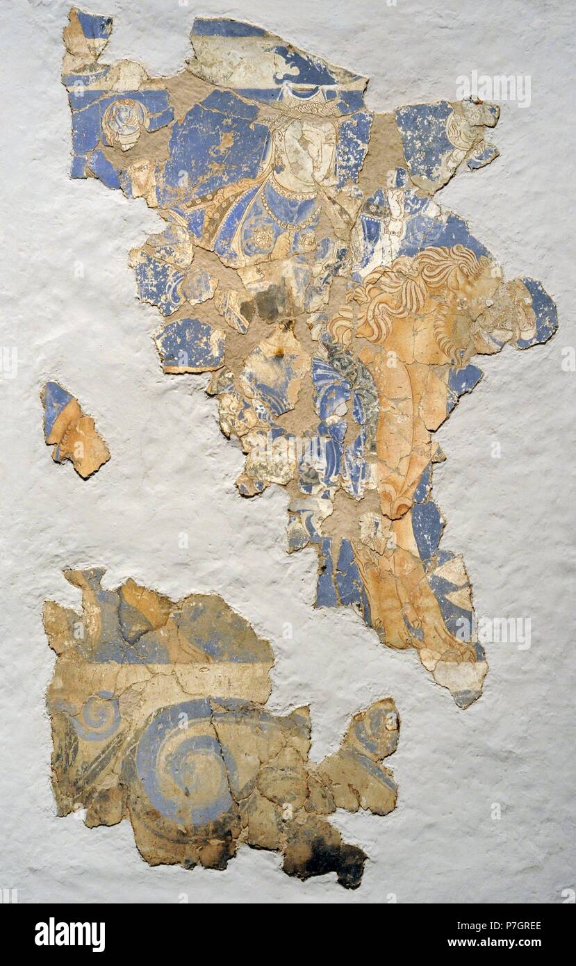 Middle Ages. Central Asia. Silk Route. Four-armed goddess on a lion. Wall painting. Glue colour on dry loess plaster. Early 9th c. Kalai Kahkaha. Palace. (Bunjikant, capital of Usturushan, Tajikistan). Smaller ceremonial hall (chamber 4). Western wall, lower tier. Stock Photo