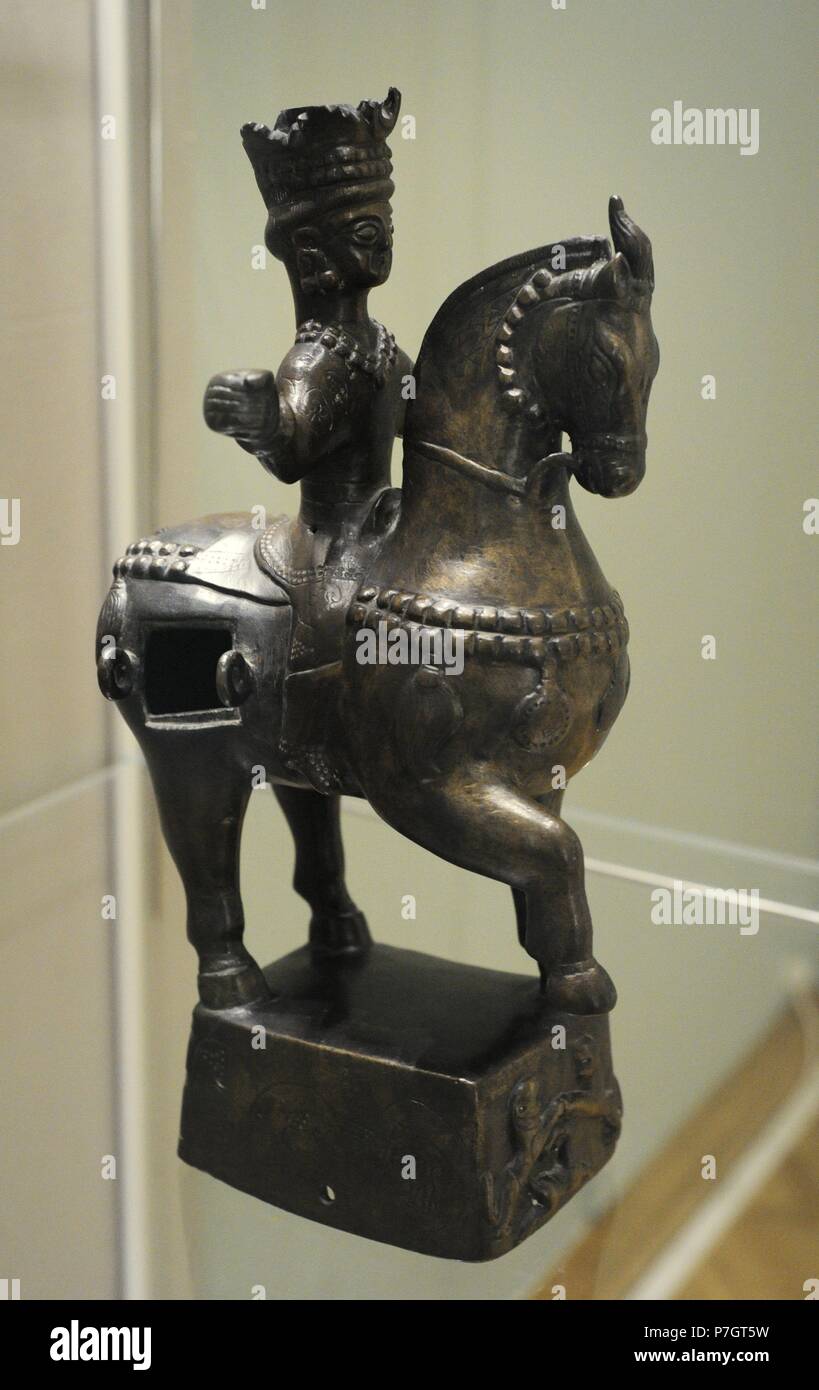 Sasanian Art. Incense-Burner in the shape of king Khosrow II (reign 590-628).  Riding a horse. Bronze. Iran. 7th-8th centuries. The State Hermitage Museum. Saint Petersburg. Russia. Stock Photo