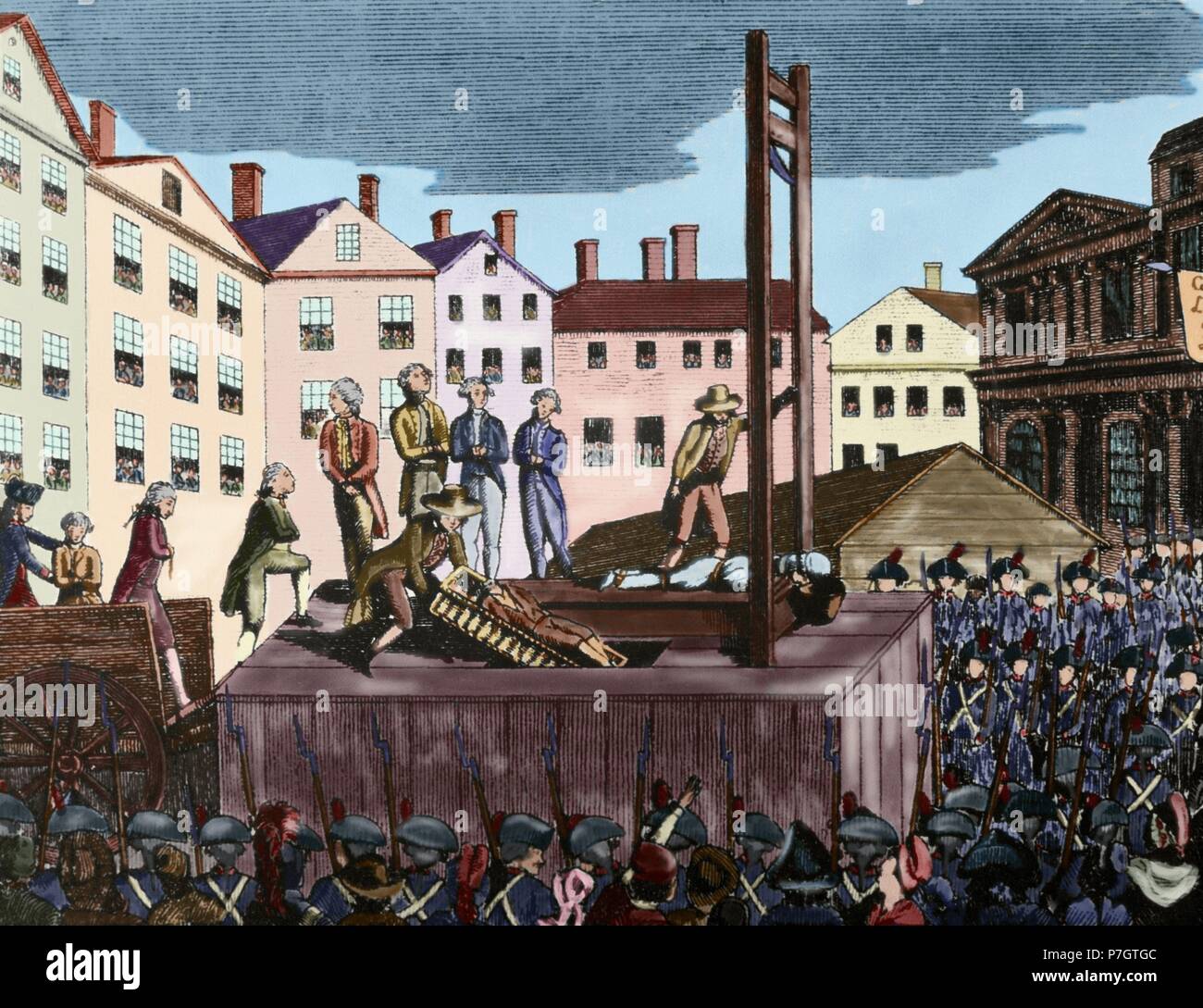 French Revolution (1789-1799). Execution of nine young immigrants sentenced to death by a revolutionary court in 1792. Engraving. Colored. Stock Photo