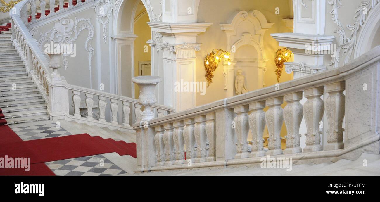 The State Hermitage Museum. Winter Palace. The Jordan Staircase. Rebuilt in the 19th century by Vasily Stasov (1769-1848) after original plans of Rastrelli. Saint Petersburg. Russia. Stock Photo