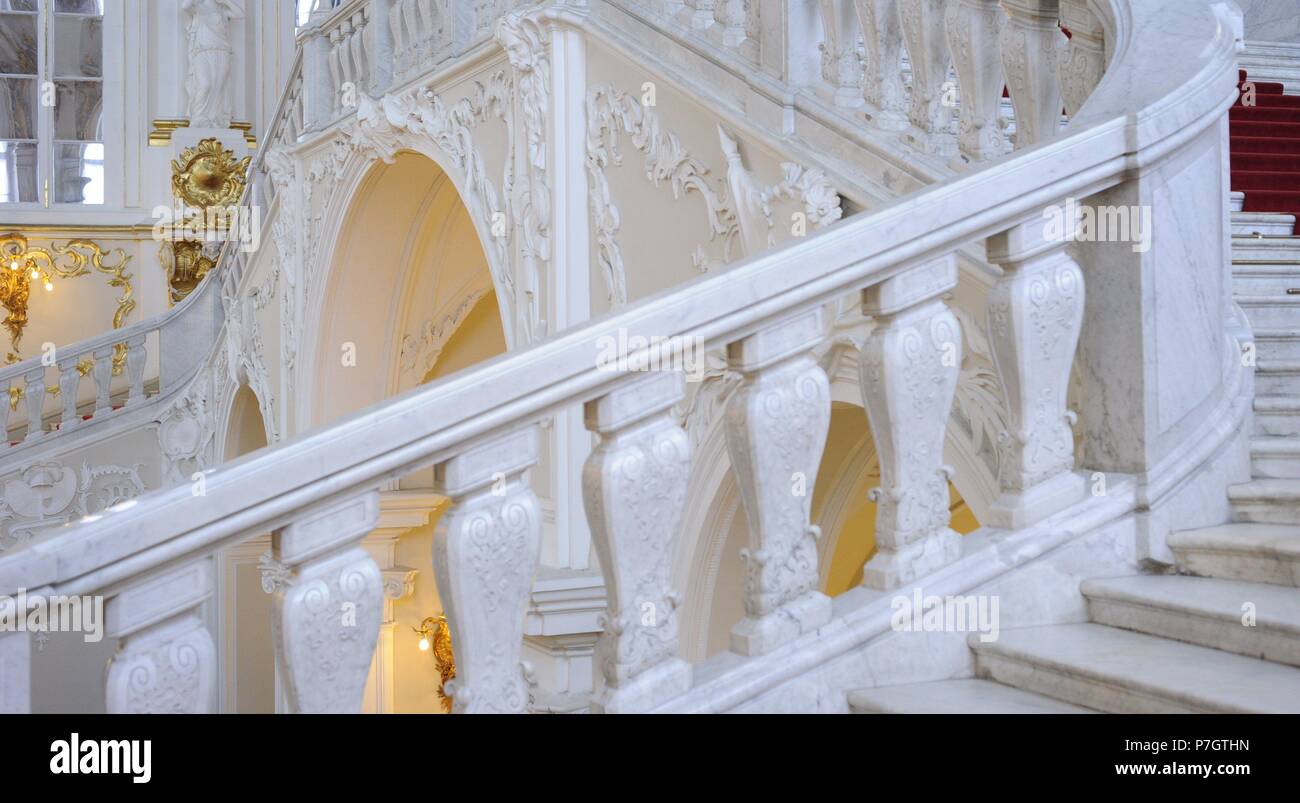 The State Hermitage Museum. Winter Palace. The Jordan Staircase. Rebuilt in the 19th century by Vasily Stasov (1769-1848) after original plans of Rastrelli. Saint Petersburg. Russia. Stock Photo
