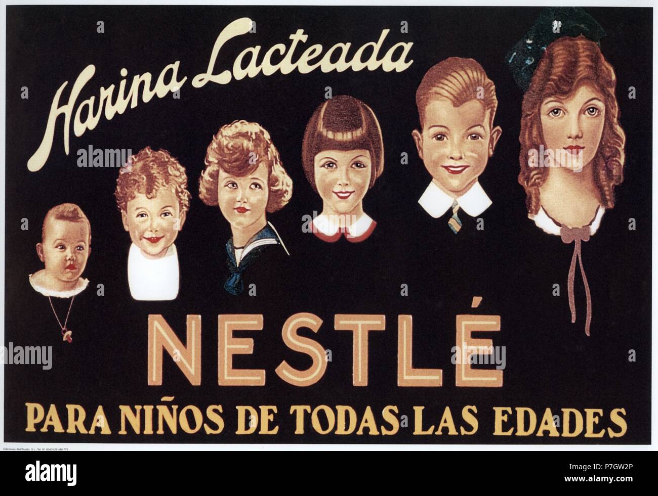 Publicidad. Harina lacteada Nestlé; serie de rostros infantiles de edades progresivas. Años 1940. Stock Photo