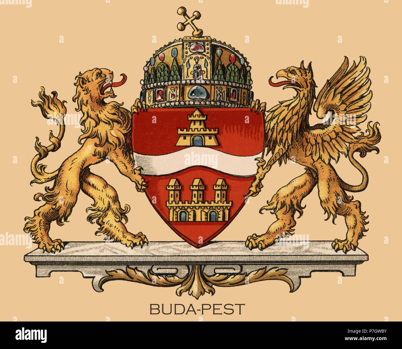 Europa. Escudo heráldico de la ciudad de Budapest, Hungría. Grabado de 1870. Stock Photo