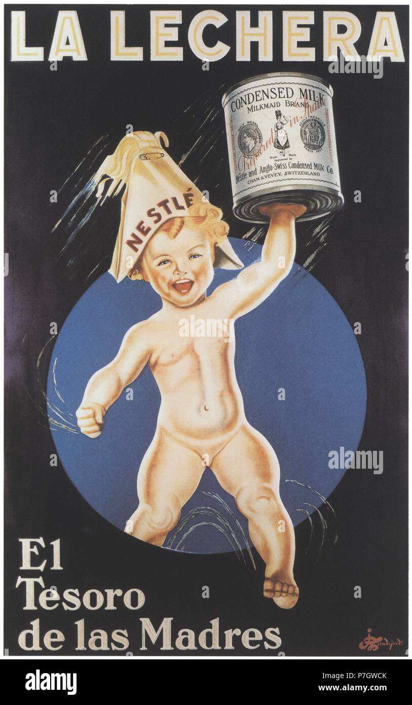 Publicidad. Leche condensada La Lechera, de Nestlé; un bebé levantando un  bote de leche. Cartel de 1926. Facsímil de 1960 Stock Photo - Alamy