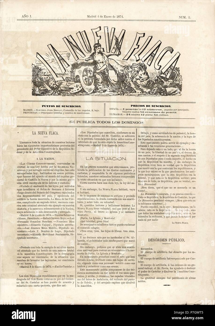 Portada de la revista satírica semanal La Nueva Flaca, año uno, número dos. Madrid, enero de 1874. Stock Photo