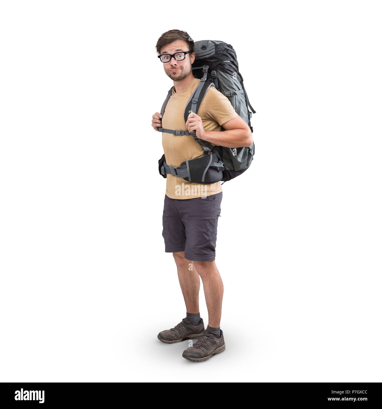 Hiker with a large backpack isolated on white Stock Photo
